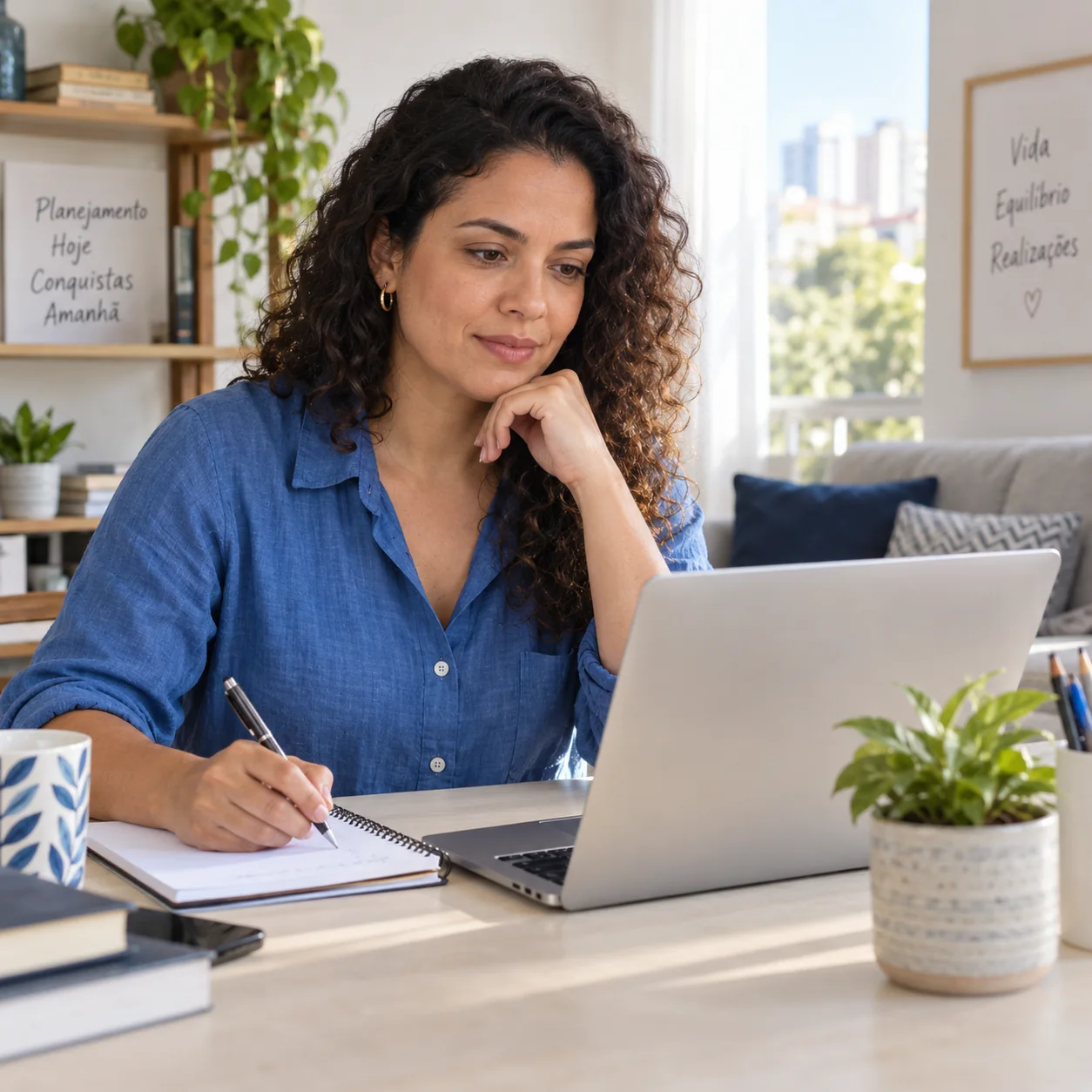 Mulher organizando informações financeiras no computador